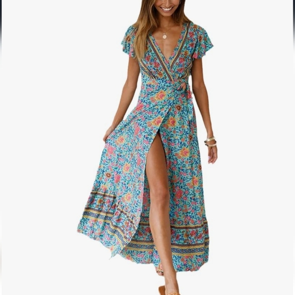 Dresses & Skirts - Summer Short Sleeve A-Line Skirt Ladies Elastic Waist Print Boho Wrap Dress Sz S